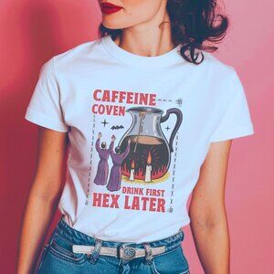 Funny Coffee Halloween Graphic Tee Spooky Season Hex Fall T-Shirt Vintage Style